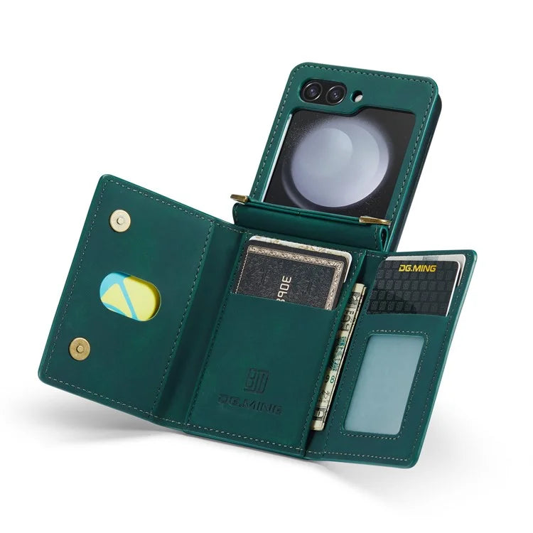 DG.MING M2 Series for Samsung Galaxy Z Flip6 5G Case PU+PC Phone Cover with Wallet, Strap