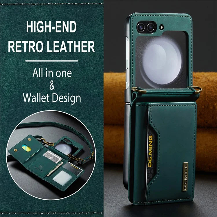 DG.MING M2 Series for Samsung Galaxy Z Flip6 5G Case PU+PC Phone Cover with Wallet, Strap