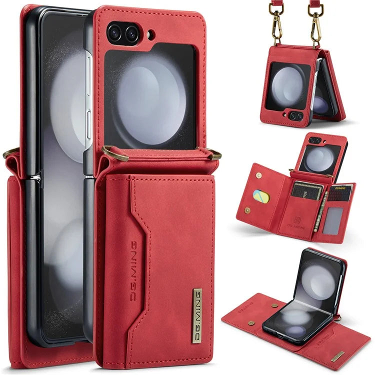 DG.MING M2 Series for Samsung Galaxy Z Flip6 5G Case PU+PC Phone Cover with Wallet, Strap