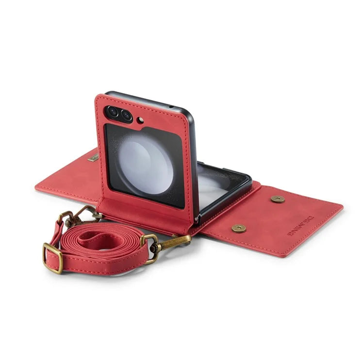 DG.MING M2 Series for Samsung Galaxy Z Flip6 5G Case PU+PC Phone Cover with Wallet, Strap
