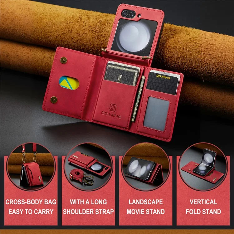 DG.MING M2 Series for Samsung Galaxy Z Flip6 5G Case PU+PC Phone Cover with Wallet, Strap