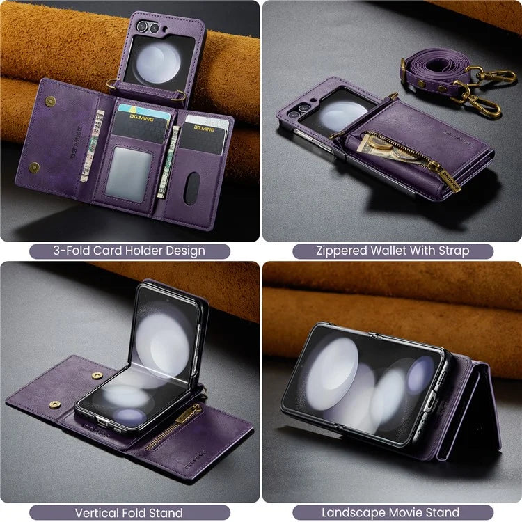 DG.MING M5 Series for Samsung Galaxy Z Flip6 5G Case RFID Blocking Card Slots PU+PC Phone Cover