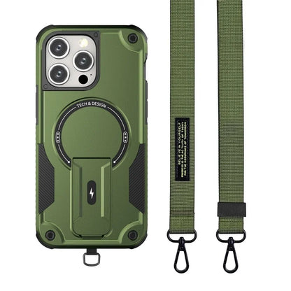 For iPhone 16 Pro Case Compatible with MagSafe TPU+PC Kickstand Phone Cover with Strap
