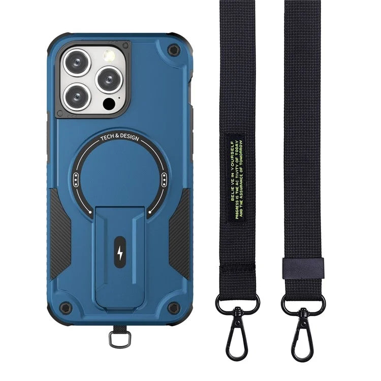 For iPhone 16 Pro Case Compatible with MagSafe TPU+PC Kickstand Phone Cover with Strap
