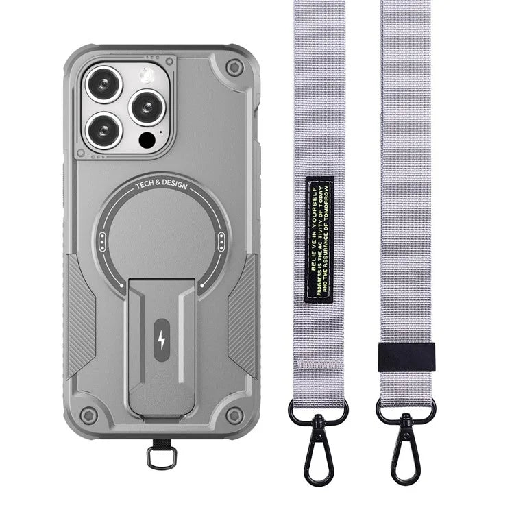 For iPhone 16 Pro Case Compatible with MagSafe TPU+PC Kickstand Phone Cover with Strap