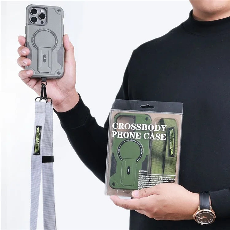 For iPhone 16 Pro Case Compatible with MagSafe TPU+PC Kickstand Phone Cover with Strap