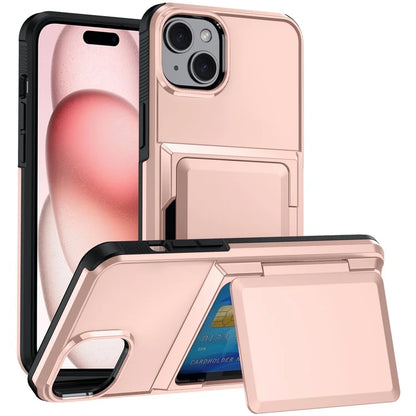 For iPhone 15 Cases Card Slot TPU+PC Kickstand Phone Case