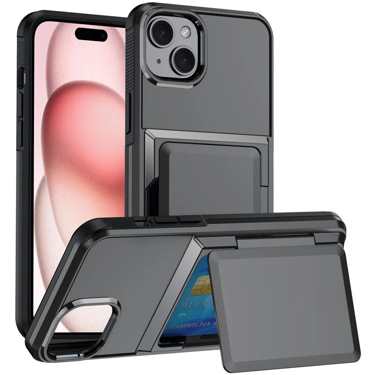 For iPhone 15 Cases Card Slot TPU+PC Kickstand Phone Case