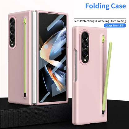 For Samsung Galaxy Z Fold4 5G Case Hard PC Phone Cover with Tempered Glass Film and Stylus