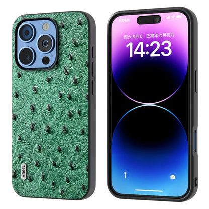 ABEEL For iPhone 16 Pro Max Case Ostrich Texture Genuine Cow Leather Back Phone Cover