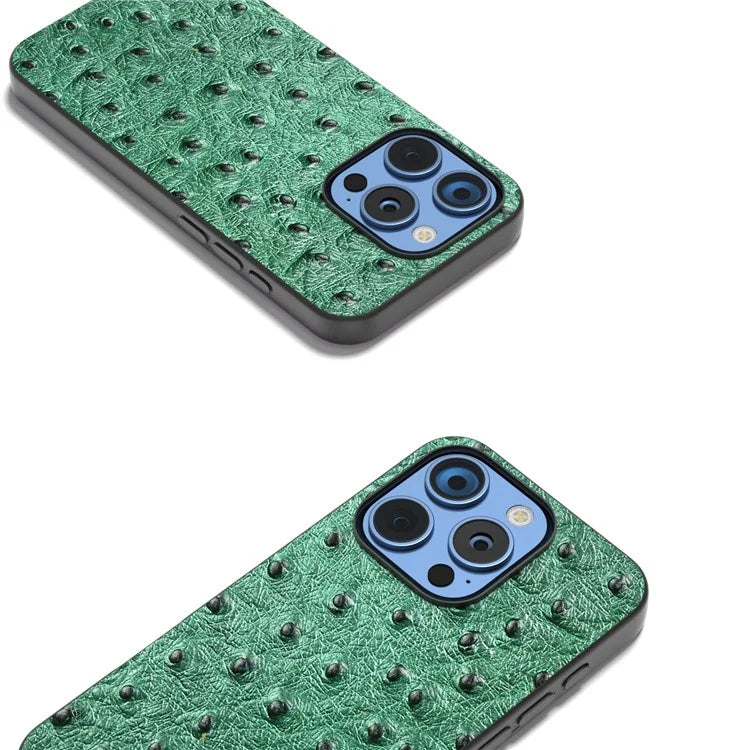 ABEEL For iPhone 16 Pro Max Case Ostrich Texture Genuine Cow Leather Back Phone Cover