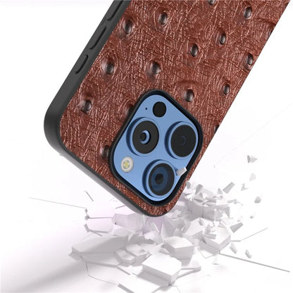 ABEEL For iPhone 16 Pro Max Case Ostrich Texture Genuine Cow Leather Back Phone Cover