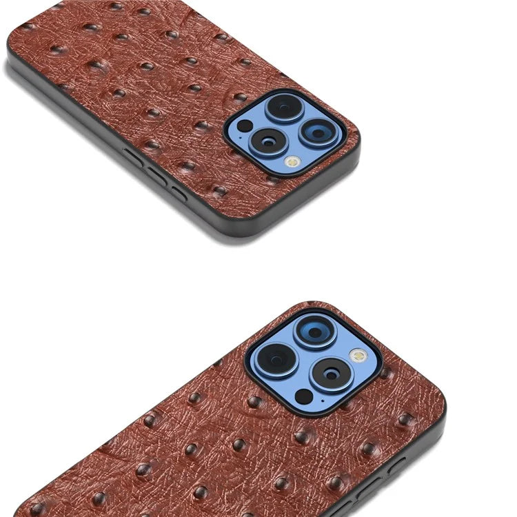 ABEEL For iPhone 16 Pro Max Case Ostrich Texture Genuine Cow Leather Back Phone Cover