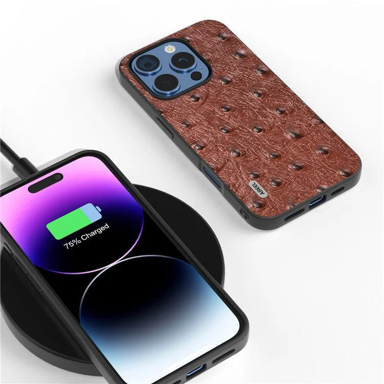 ABEEL For iPhone 16 Pro Max Case Ostrich Texture Genuine Cow Leather Back Phone Cover