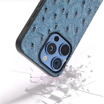 ABEEL For iPhone 16 Pro Max Case Ostrich Texture Genuine Cow Leather Back Phone Cover