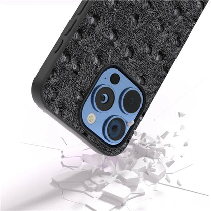 ABEEL For iPhone 16 Pro Max Case Ostrich Texture Genuine Cow Leather Back Phone Cover
