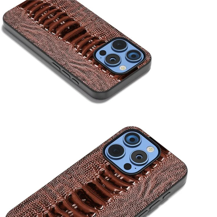 ABEEL For iPhone 16 Pro Max Case Crocodile Texture Genuine Cow Leather+TPU+PC Phone Cover