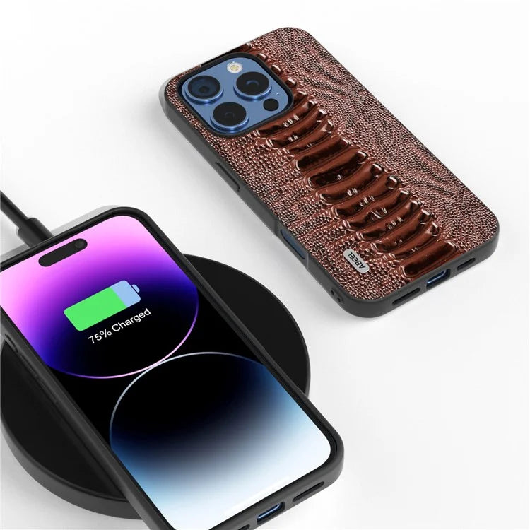ABEEL For iPhone 16 Pro Max Case Crocodile Texture Genuine Cow Leather+TPU+PC Phone Cover