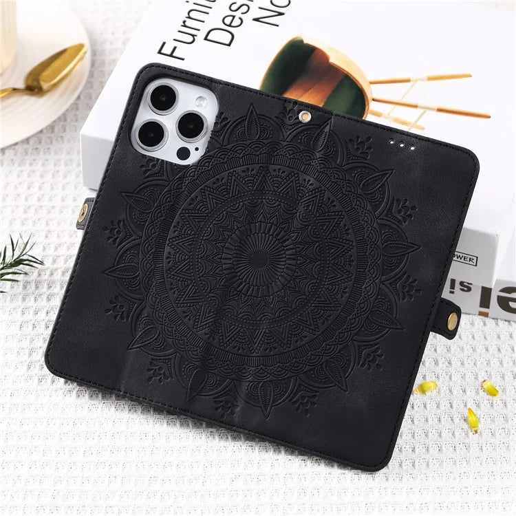 Style 016 For iPhone 16 Pro Case Skin Feel Totem Imprinted Wallet Leather Phone Cover