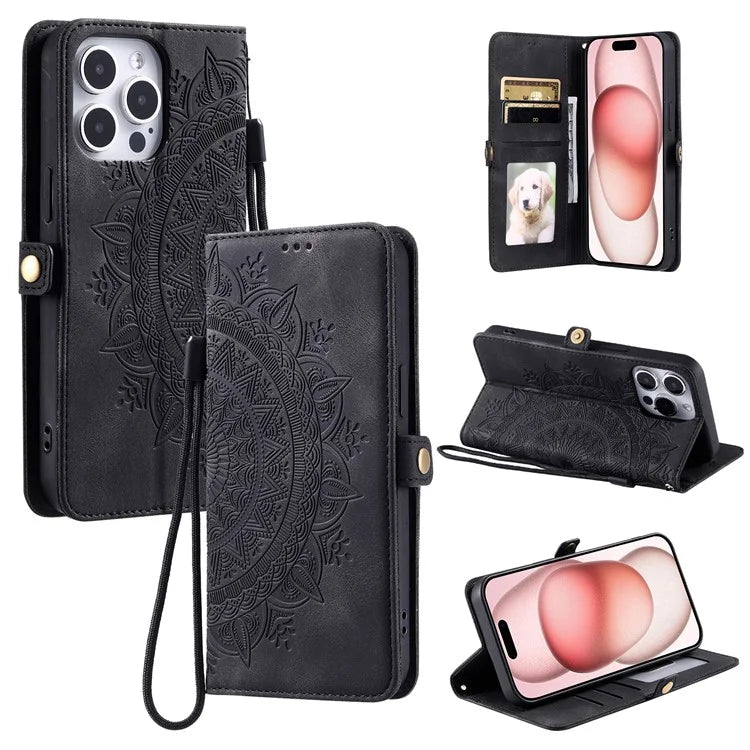 Style 016 For iPhone 16 Pro Case Skin Feel Totem Imprinted Wallet Leather Phone Cover