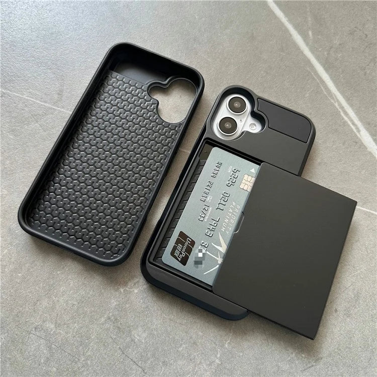 For iPhone 16 Case with Sliding Card Holder PC+TPU Phone Back Cover