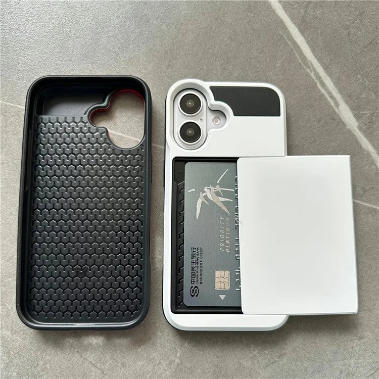 For iPhone 16 Plus Case with Sliding Card Holder PC+TPU Phone Back Cover