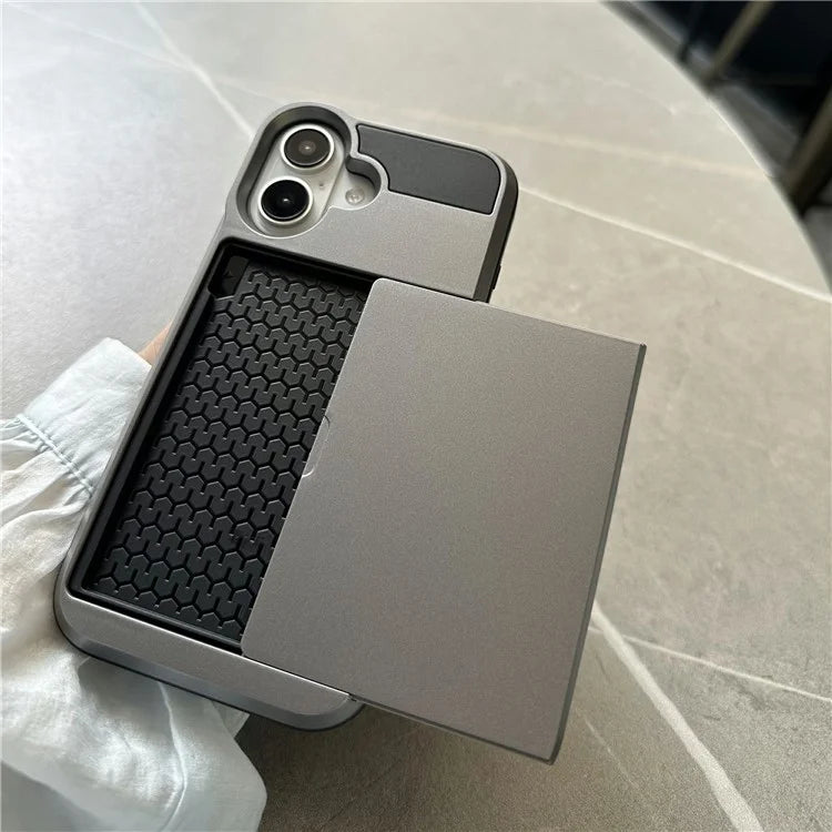 For iPhone 16 Plus Case with Sliding Card Holder PC+TPU Phone Back Cover