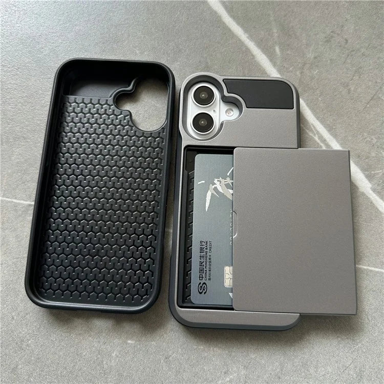 For iPhone 16 Plus Case with Sliding Card Holder PC+TPU Phone Back Cover