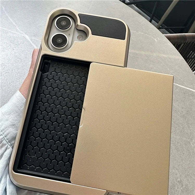 For iPhone 16 Plus Case with Sliding Card Holder PC+TPU Phone Back Cover