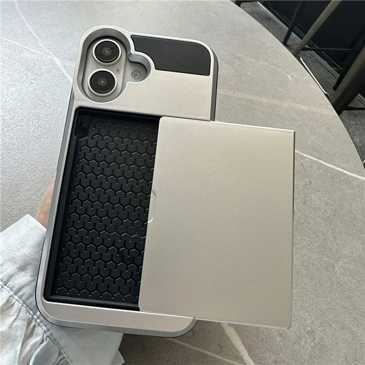 For iPhone 16 Plus Case with Sliding Card Holder PC+TPU Phone Back Cover