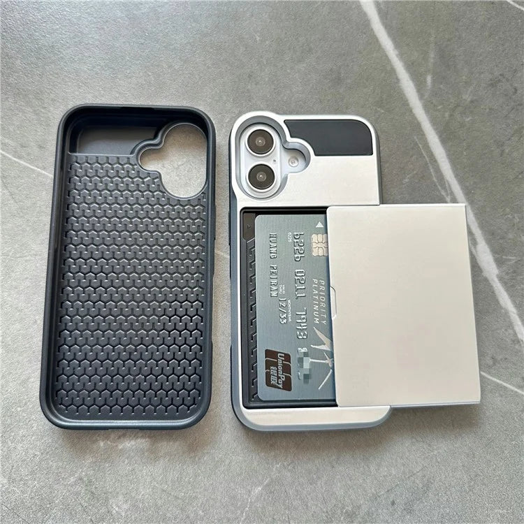 For iPhone 16 Plus Case with Sliding Card Holder PC+TPU Phone Back Cover