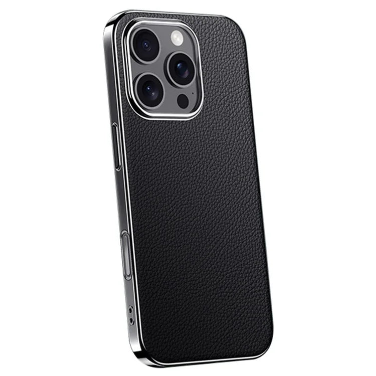 For iPhone 16 Pro Max Case Electroplating Genuine Cow Leather+PC Drop Resistance Phone Cover