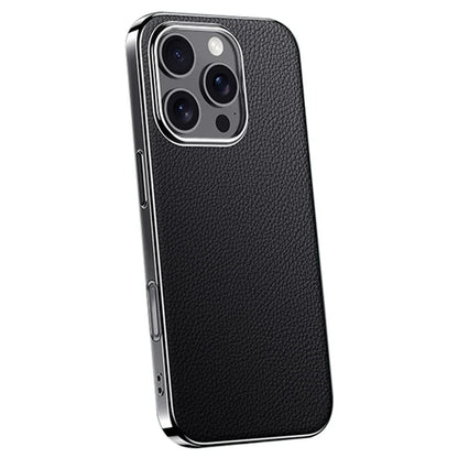 For iPhone 16 Pro Max Case Electroplating Genuine Cow Leather+PC Drop Resistance Phone Cover