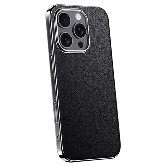 For iPhone 16 Pro Max Case Electroplating Genuine Cow Leather+PC Drop Resistance Phone Cover