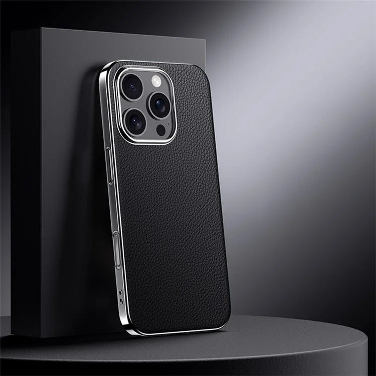 For iPhone 16 Pro Max Case Electroplating Genuine Cow Leather+PC Drop Resistance Phone Cover