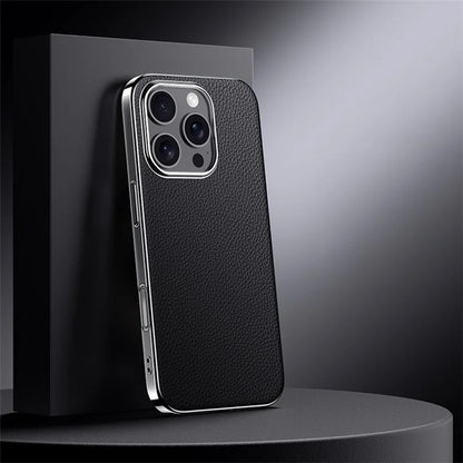 For iPhone 16 Pro Max Case Electroplating Genuine Cow Leather+PC Drop Resistance Phone Cover