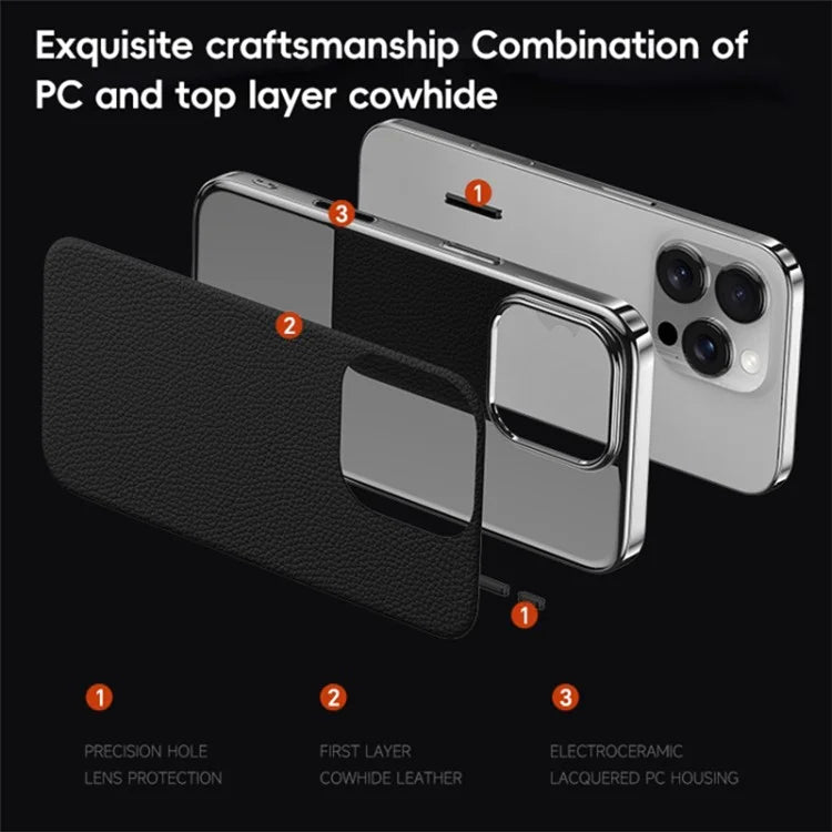 For iPhone 16 Pro Max Case Electroplating Genuine Cow Leather+PC Drop Resistance Phone Cover