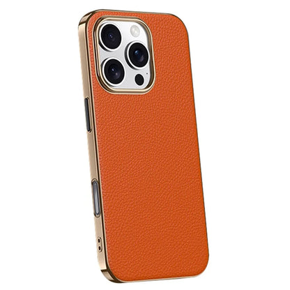 For iPhone 16 Pro Max Case Electroplating Genuine Cow Leather+PC Drop Resistance Phone Cover