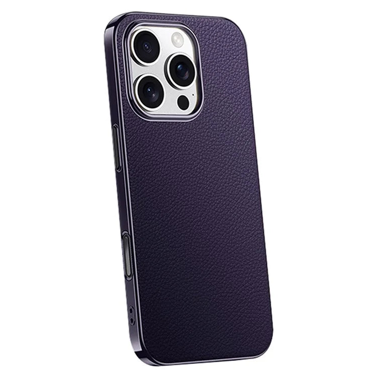 For iPhone 16 Pro Max Case Electroplating Genuine Cow Leather+PC Drop Resistance Phone Cover