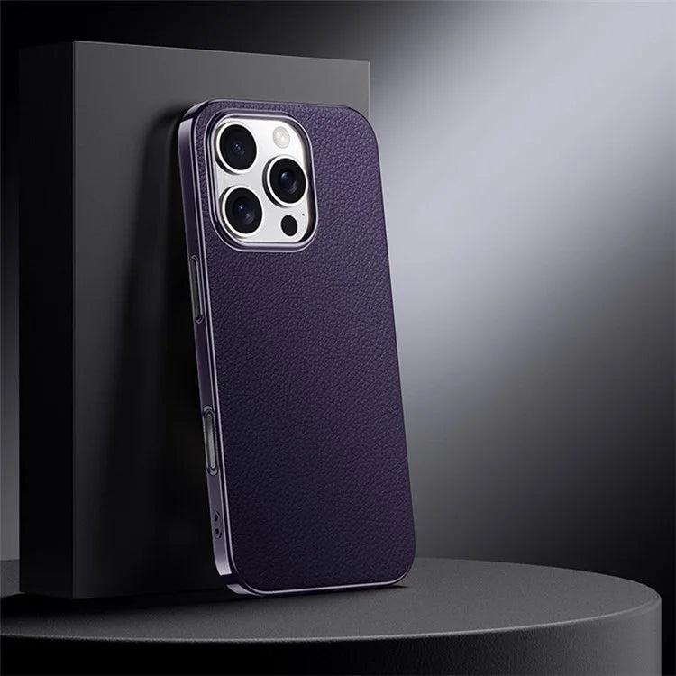 For iPhone 16 Pro Max Case Electroplating Genuine Cow Leather+PC Drop Resistance Phone Cover