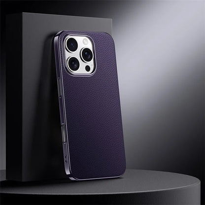 For iPhone 16 Pro Max Case Electroplating Genuine Cow Leather+PC Drop Resistance Phone Cover