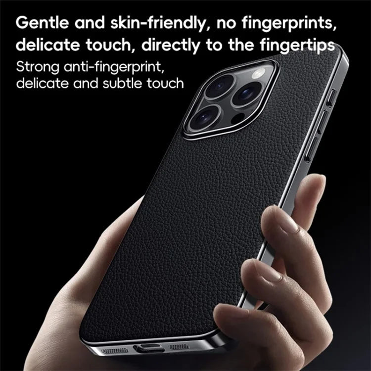 For iPhone 16 Pro Max Case Electroplating Genuine Cow Leather+PC Drop Resistance Phone Cover