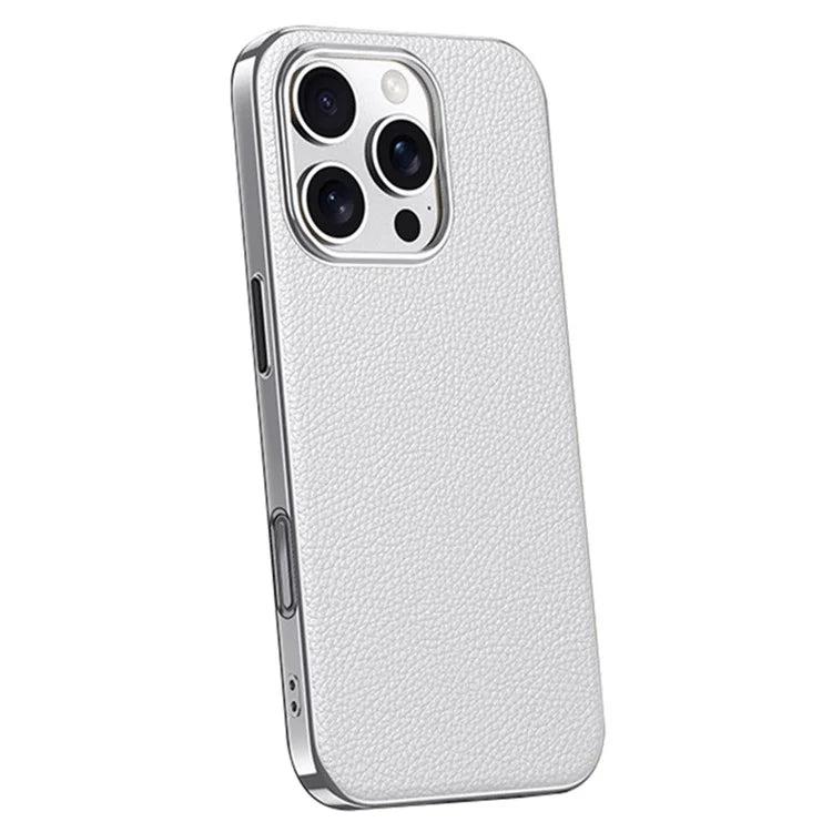 For iPhone 16 Pro Max Case Electroplating Genuine Cow Leather+PC Drop Resistance Phone Cover