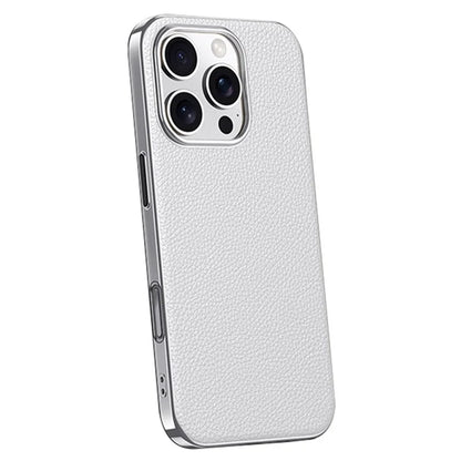 For iPhone 16 Pro Max Case Electroplating Genuine Cow Leather+PC Drop Resistance Phone Cover