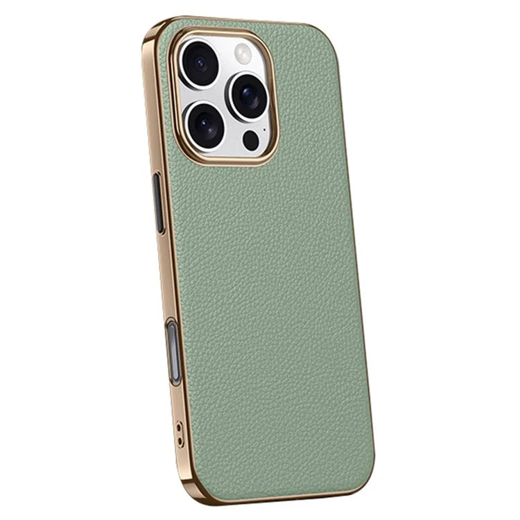For iPhone 16 Pro Max Case Electroplating Genuine Cow Leather+PC Drop Resistance Phone Cover