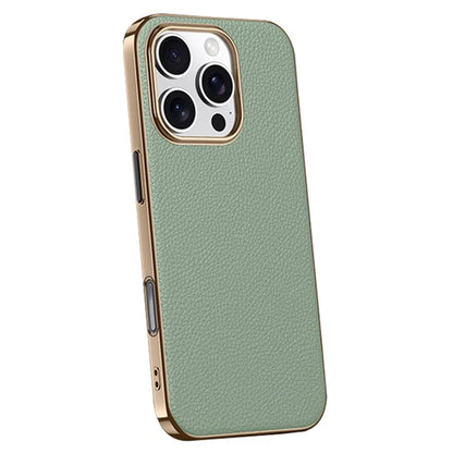 For iPhone 16 Pro Max Case Electroplating Genuine Cow Leather+PC Drop Resistance Phone Cover