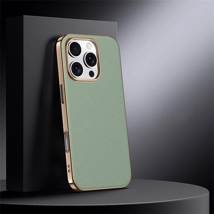 For iPhone 16 Pro Max Case Electroplating Genuine Cow Leather+PC Drop Resistance Phone Cover