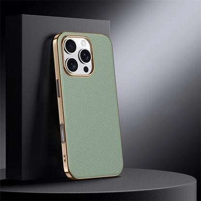 For iPhone 16 Pro Max Case Electroplating Genuine Cow Leather+PC Drop Resistance Phone Cover