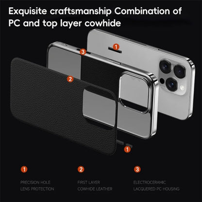 For iPhone 16 Pro Case Electroplating Genuine Cow Leather+PC Drop Resistance Phone Cover