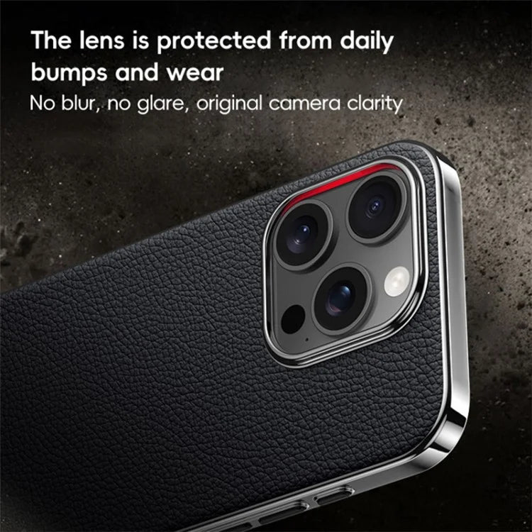 For iPhone 16 Pro Case Electroplating Genuine Cow Leather+PC Drop Resistance Phone Cover